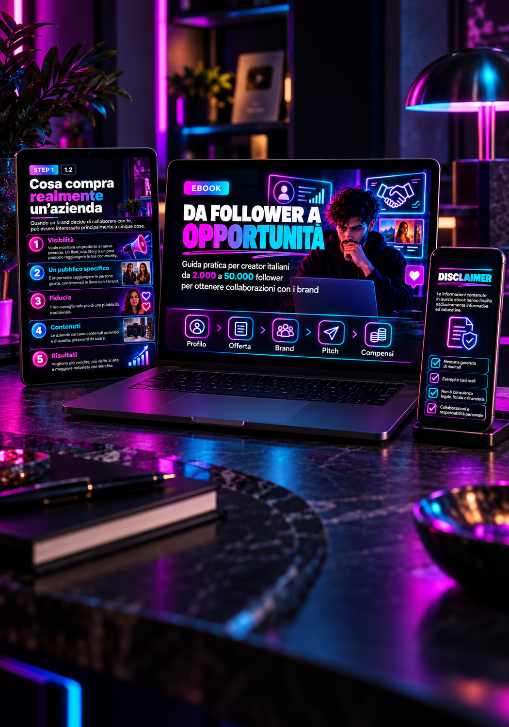 L’ebook Da Follower a Opportunità illuminato al neon accanto a computer, tablet e telefono