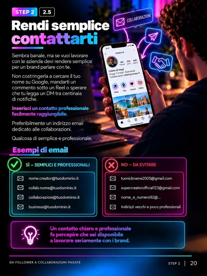 Pagina dell'ebook: STEP 2 — Rendi semplice contattarti, email professionale e bio