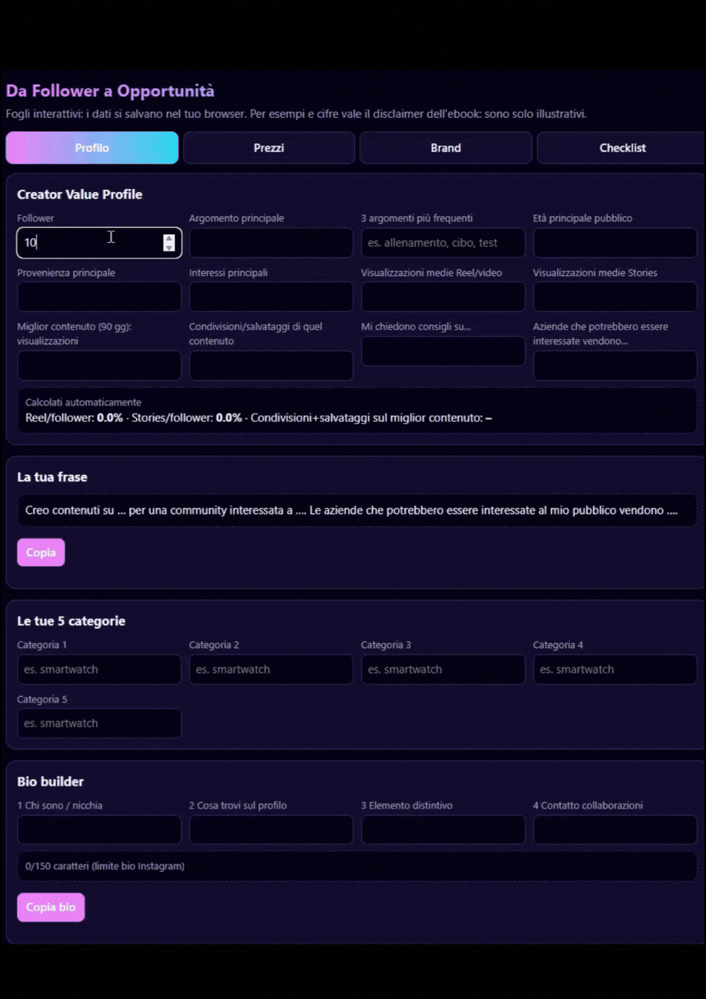 Anteprima animata dell’app Brand Deal OS: schede Profilo, Prezzi, Brand e Checklist con Creator Value Profile e bio builder
