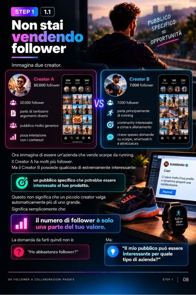 Pagina dell'ebook: STEP 1 — Non stai vendendo follower, confronto tra un creator generalista e uno di nicchia